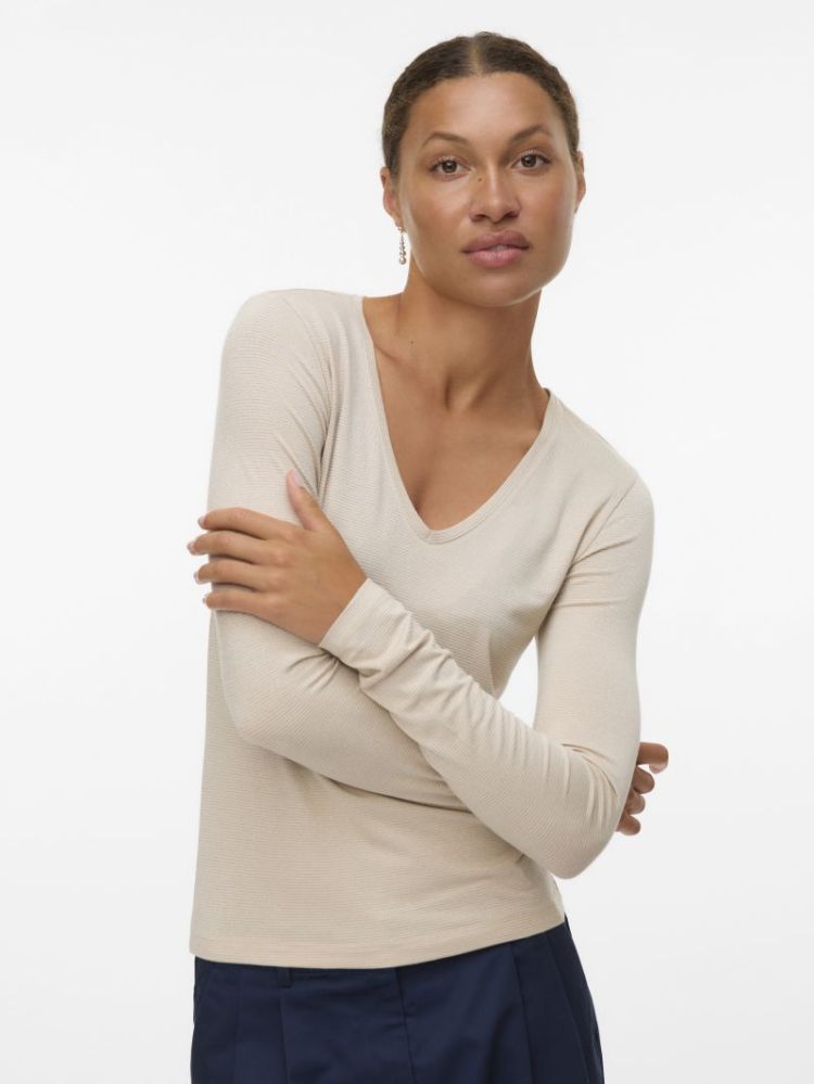 VMLAVA GLITTER LS V-NECK TOP S 175626002 Oatme
